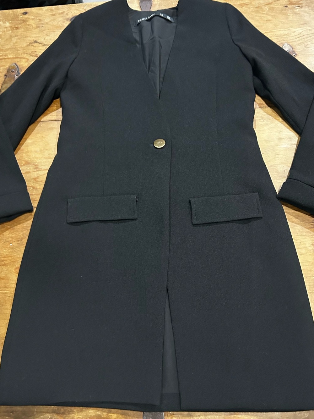 Backstage Black Longline Blazer Coat Women’s Size XS Gold Button - Picture 2 of 8